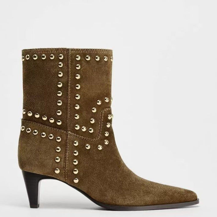 Damen spitze Velours‑Optik Stiefelette mit Nietenbesatz und niedrigem Pfennigabsatz Echo Archiv