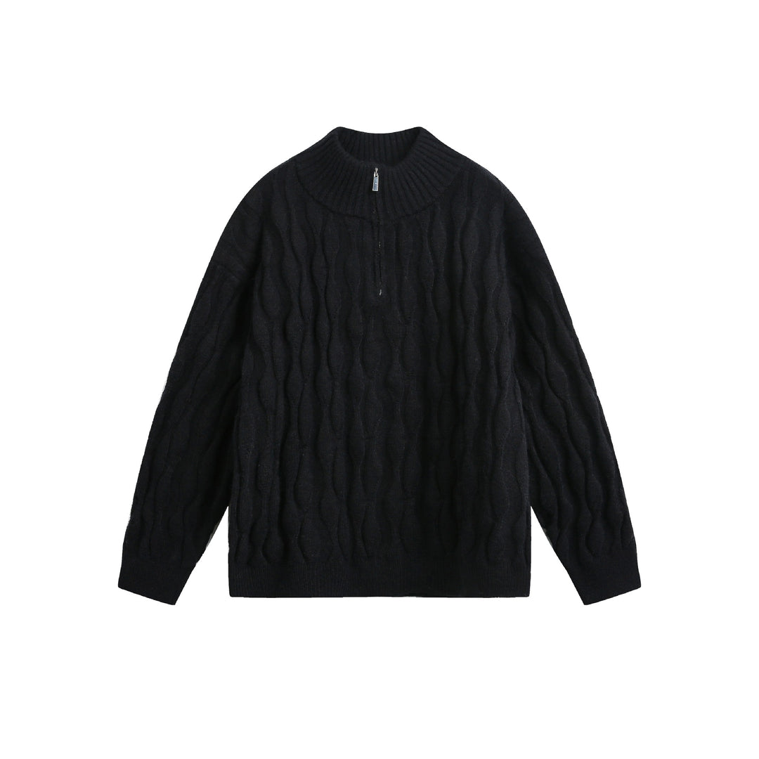 Unisex Grobgestrickter Halfzip-Pullover mit Zopfmuster und Stehkragen Echoarchiv