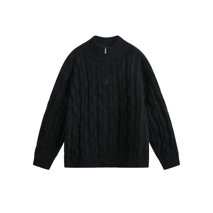 Unisex Grobgestrickter Halfzip-Pullover mit Zopfmuster und Stehkragen Echoarchiv