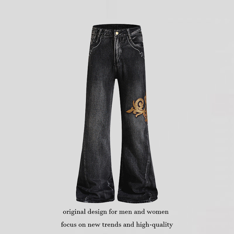 Damen Weite High‑Waist Schlaghose aus Denim mit barocker Stickerei Echoarchiv