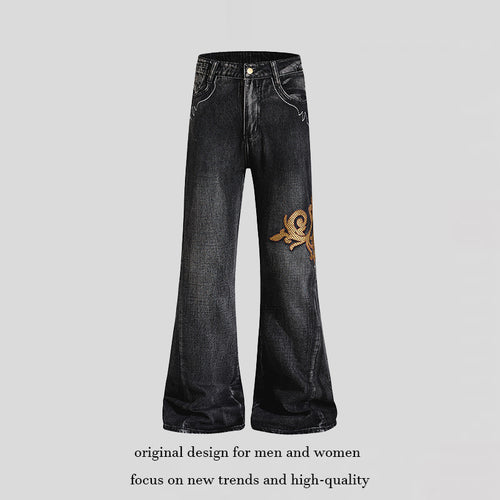 Damen Weite High‑Waist Schlaghose aus Denim mit barocker Stickerei Echoarchiv