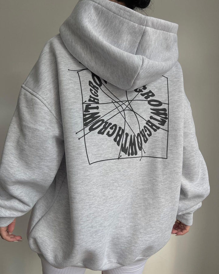 Damen Oversized Kapuzenpullover mit abstraktem Rückenprint und gerippten Bündchen Echoarchiv