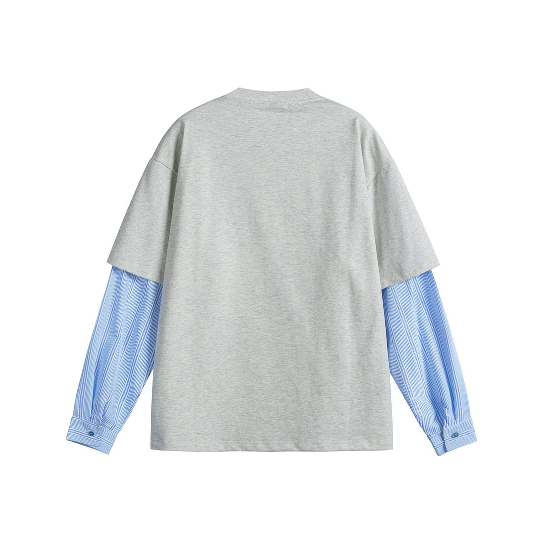 Damen Lagenlook T-Shirt mit eingearbeiteten Hemdärmeln und oversized Print Echoarchiv