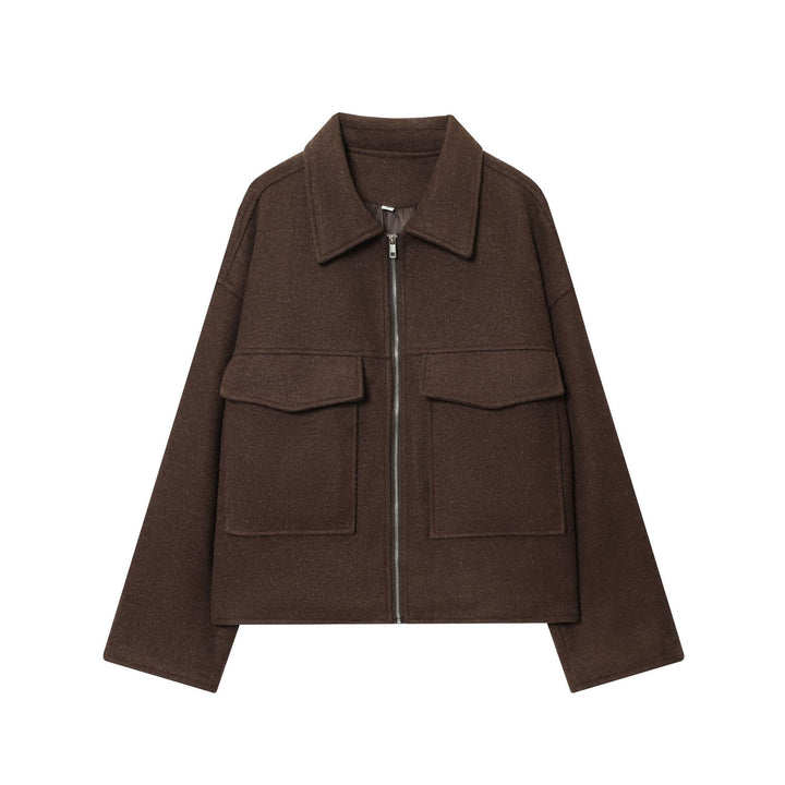 Damen kastige Wolljacke mit durchgehendem Reißverschluss, großen Pattentaschen und Hemdkragen – Célinea