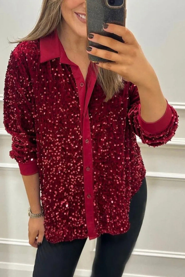 Damen nan glitzernde Pailletten-Hemdbluse mit Kragen, Knopfleiste und elastischen Manschetten Echo Archiv