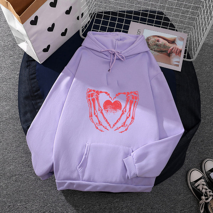 Damen stylischer Kapuzenpullover mit Skeletthand Herzmotiv und Kängurutasche – Auréline