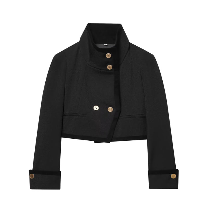 Damen Kurze Cropped-Boxy-Jacke mit hohem Stehkragen und dekorativen Metallknöpfen Echoarchiv