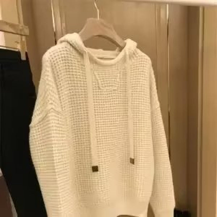 Damen Grobgestrickter Oversize-Kapuzenpullover mit Waffelstruktur und Kordelzug Echoarchiv