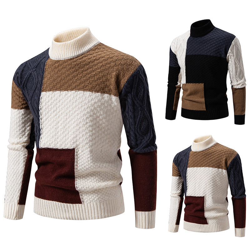 Herren modischer Rollkragenpullover mit modernem Zopfmuster und Farbblockdesign Echoarchiv