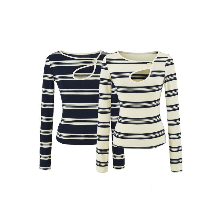 Damen Gestreiftes Feinstrick-Top mit asymmetrischem Herzknopf Echoarchiv