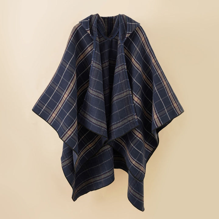 Damen Kapuzen-Poncho mit Karomuster, weichfallender Wollmix und offenem Oversize-Fall Echo Archiv