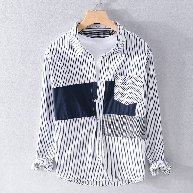 Herren Gestreiftes Overshirt mit Farbblock‑Einsätzen und aufgesetzter Brusttasche Echoarchiv