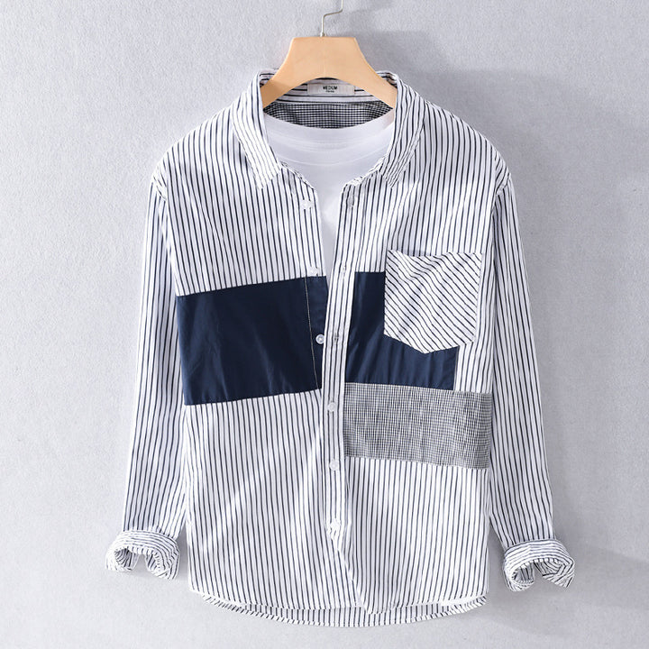Herren Gestreiftes Overshirt mit Farbblock‑Einsätzen und aufgesetzter Brusttasche Echoarchiv