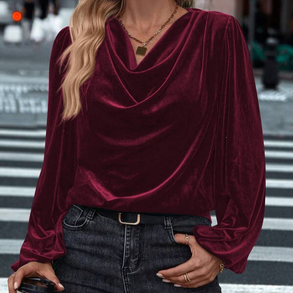 Damen Drapiertes Samtblusenshirt mit Wasserfall‑Ausschnitt und Puffschultern Echoarchiv