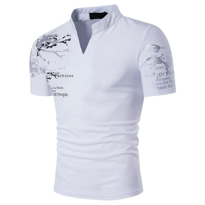 Herren Kurzarmshirt mit kreativem Stehkragen und grafischem Druck Echoarchiv