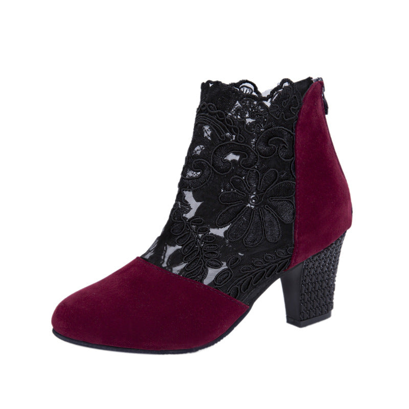 Damen Ankle-Boots mit floraler Spitze und samtiger Wildlederoptik mittelhoher Blockabsatz Echoarchiv