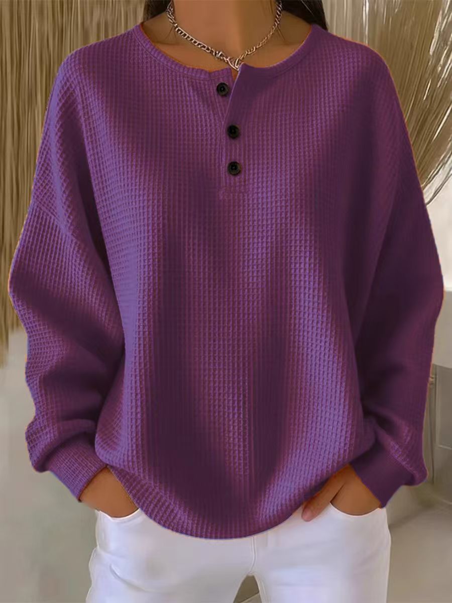 Damen nan Oversized Waffelstrick Henley-Pullover mit Knopfleiste und abgerundetem Saum Echo Archiv