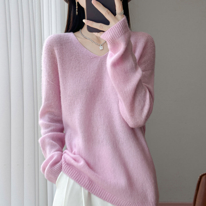 Damen Oversize-Feinstrickpullover mit feinem V-Ausschnitt und verlängertem Ärmelabschlusst Echoarchiv