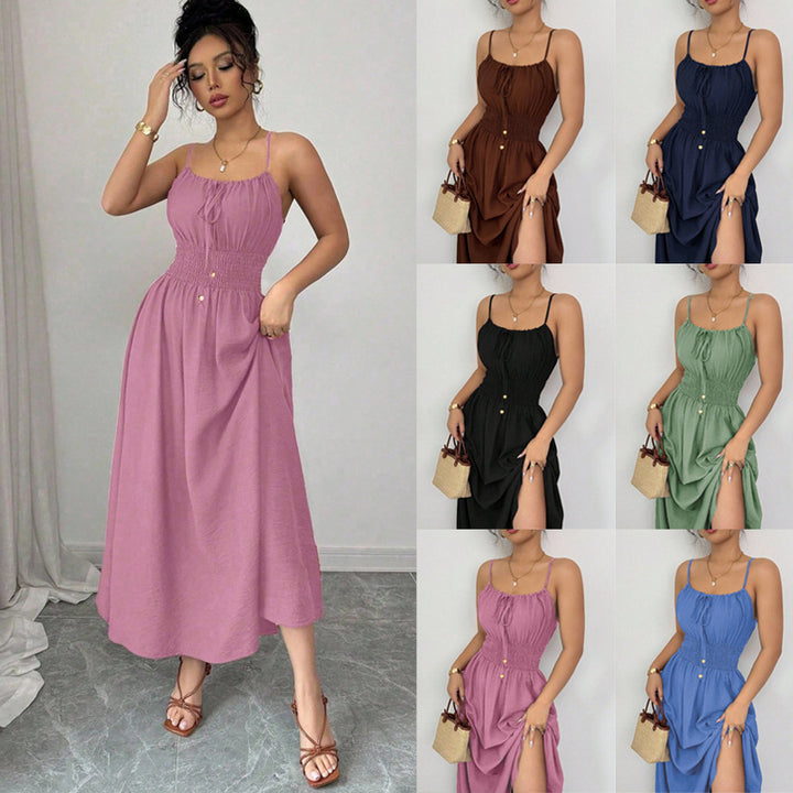 Damen Midikleid mit Smokbund, Spaghettiträgern und Bindekordel Echo Archiv