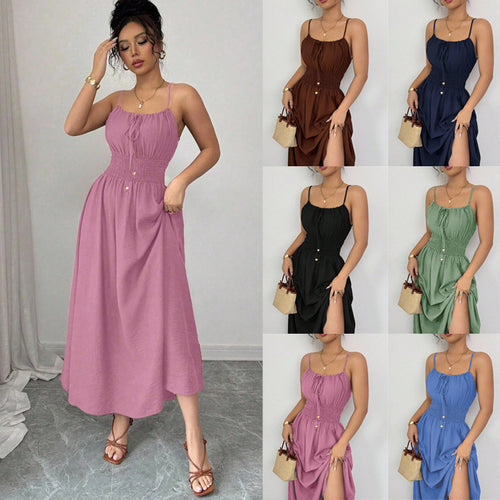 Damen Midikleid mit Smokbund, Spaghettiträgern und Bindekordel Echo Archiv