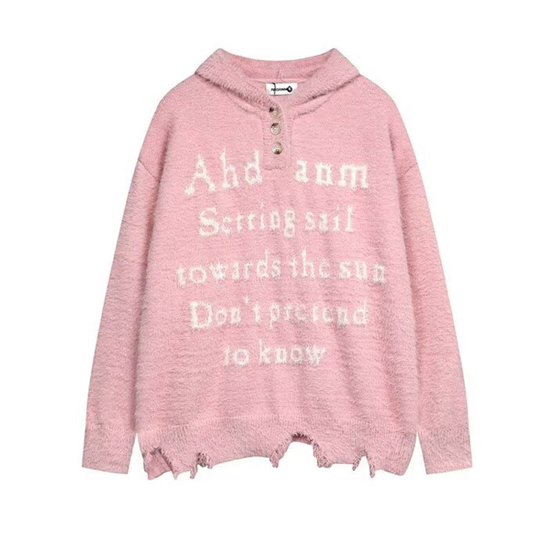 Damen Gemütlicher Oversized-Pullover mit Knopfleiste und grafischem Motiv Echoarchiv