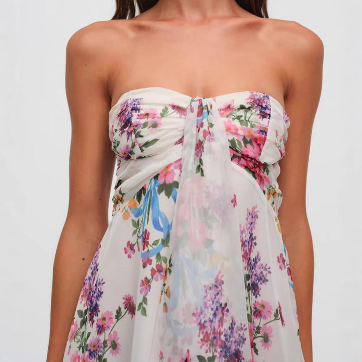 Damen nan trägerloses Chiffon-Sommerkleid mit Blumenmuster Bandeau-Oberteil und Volantbesatz Echo Archiv