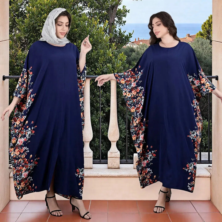 Damen Fließendes Maxikaftan-Kleid mit floralem Saum und dreiviertel Ärmeln – Valéora