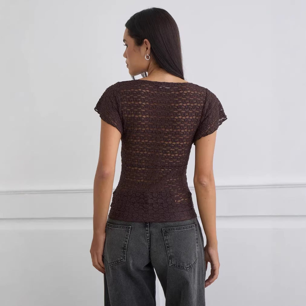 Damen Verspieltes Spitzenoberteil mit fließendem Design und kurzen Puffärmeln Echo Archiv