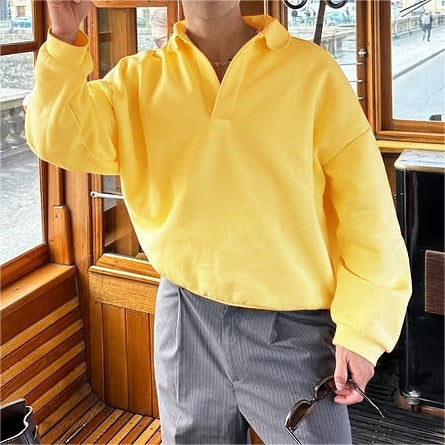 Unisex nan locker geschnittener V-Ausschnitt-Sweatpullover mit Hemdkragen aus Baumwollfleece Echo Archiv