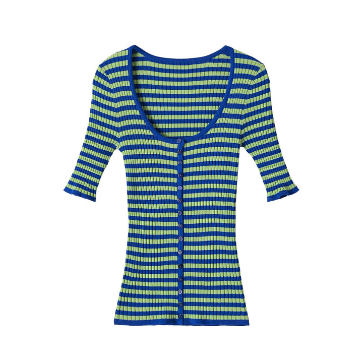 Damen Gerippte Kurzarm-Buttoncardigan mit tiefem Rundhals und figurbetonter Passform Echoarchiv