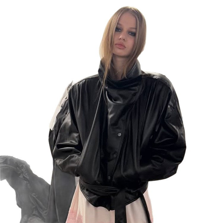 Damen Oversize-Kunstleder-Bomberjacke mit hohem Stehkragen und Taillengürtel Echoarchiv