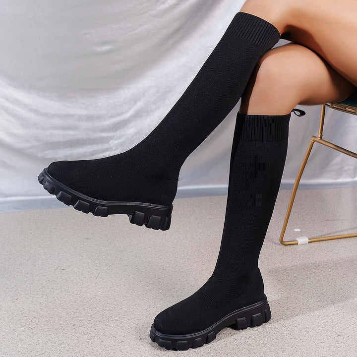 Damen Kniehohe Strick‑Sock‑Boots mit elastischem Schaft und markanter Profilsohle Echo Archiv
