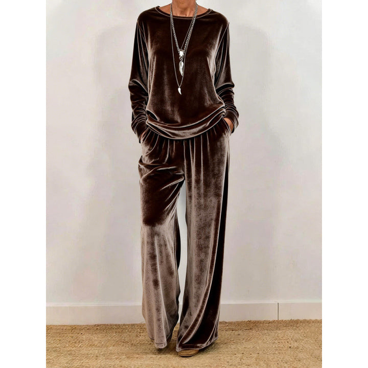 Damen Samt-Loungewear-Set mit weitem Bein, elastischem Bund und Rundhalsausschnitt – Élanora