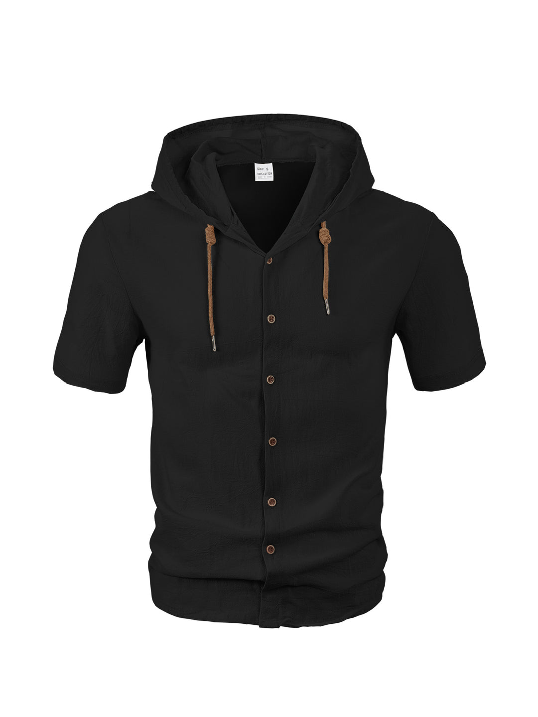 Herren nan tailliertes Kurzarm-Kapuzenshirt in Struktur-Leinenoptik mit Holzoptikknöpfen und Kordel Echo Archiv