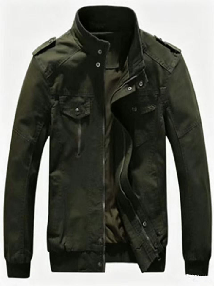 Herren Militärisch inspirierte Canvas-Übergangsjacke mit Stehkragen und Epauletten Echoarchiv