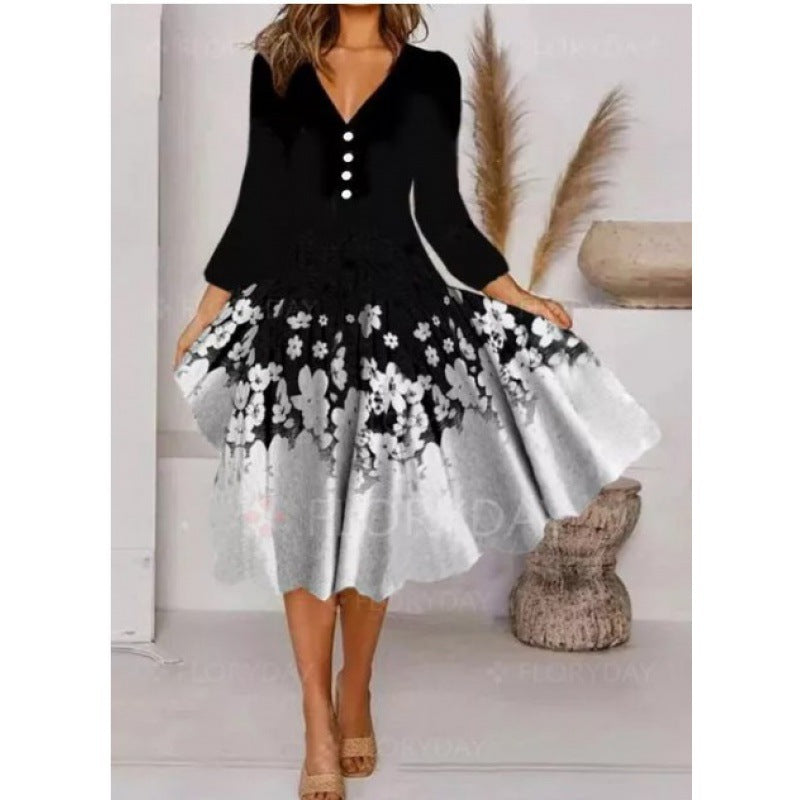 Damen V-Ausschnitt Midi-Kleid mit fließendem Rock und floralem Ärmeldesign Echoarchiv