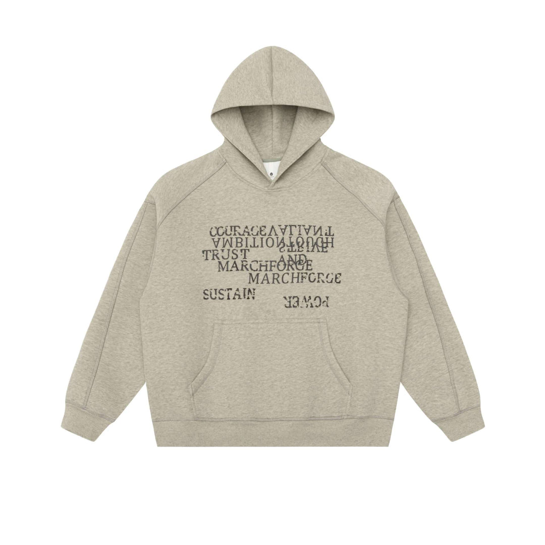 Unisex Oversize-Kapuzenpullover mit Raglanärmeln, Kängurutasche und versetztem Typo-Print Echoarchiv