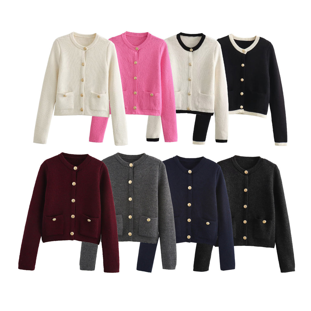Damen Kurzgeschnittener Bouclé-Cardigan mit Rundhals, Pattentaschen und Münzknöpfen Echo Archiv