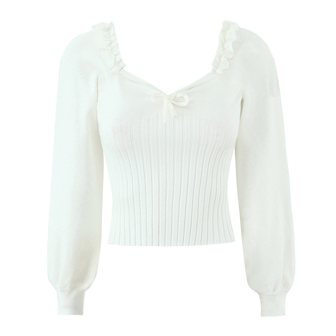 Damen Cropped-Feinstrickpullover mit taillierter Rippenstruktur, V-Ausschnitt, Rüschenbesatz und Ballonärmeln Echoarchiv