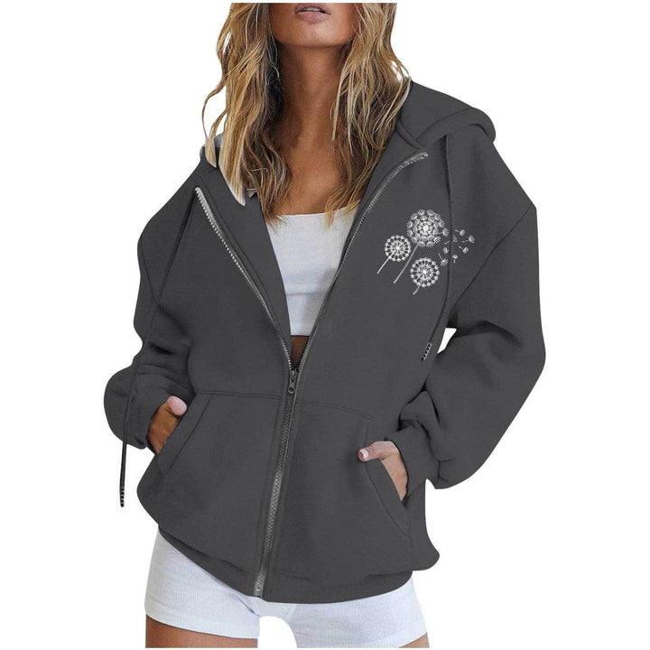 Damen oversized Kapuzenjacke mit Frontreißverschluss, Kängurutaschen und stilisiertem Sonnenblumenprint – Auréline