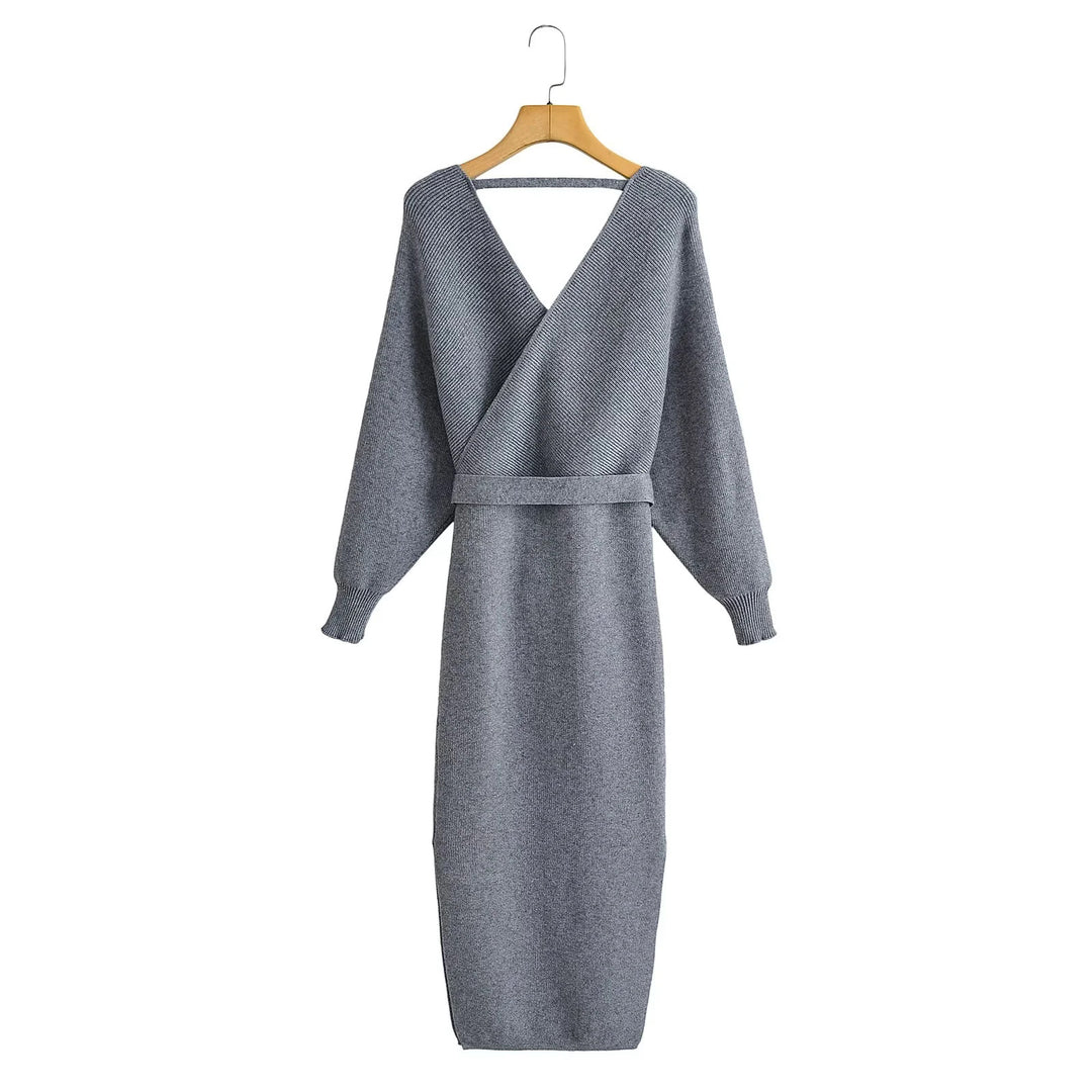 Damen nan gestricktes Wickelkleid mit Bindegürtel und V-Ausschnitt Echo Archiv