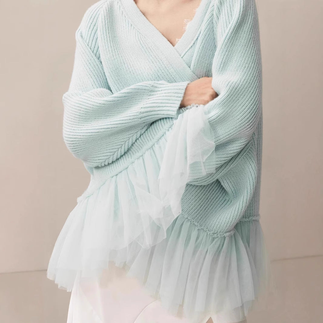 Damen Modischer Strickpullover mit Tülldetails – Mavelle
