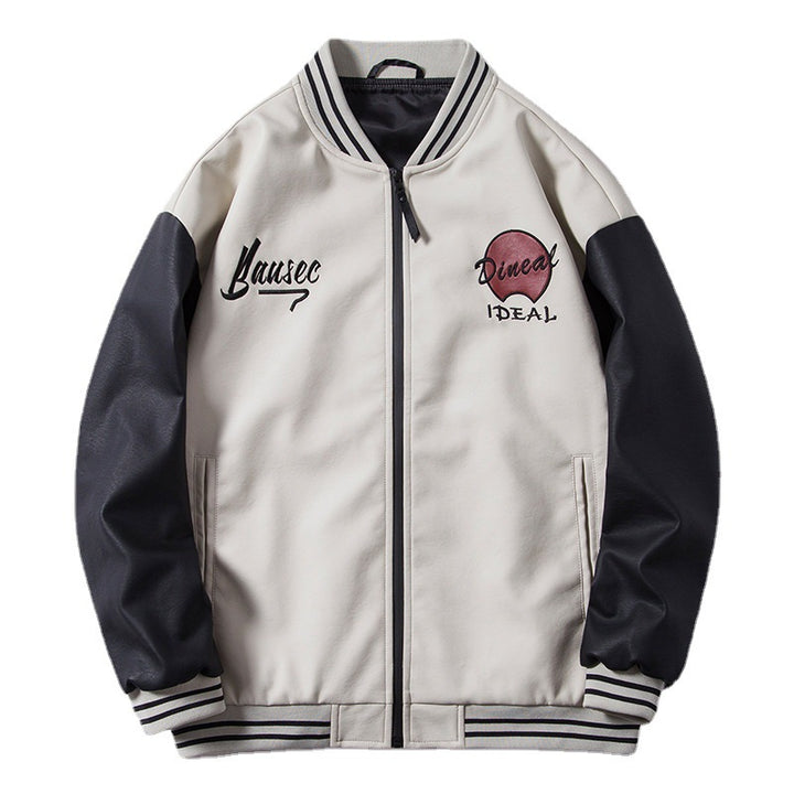 Herren Retro-College-Bomberjacke aus Kunstleder mit gestickten Logos und Rippsaum Echo Archiv
