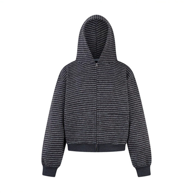 Damen Kurz geschnittene Kapuzen‑Zipjacke mit horizontalem Streifenrelief und elastischem Bund Echoarchiv