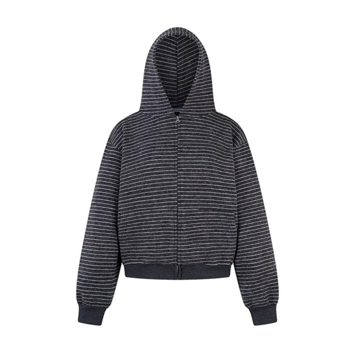 Damen Kurz geschnittene Kapuzen‑Zipjacke mit horizontalem Streifenrelief und elastischem Bund Echoarchiv