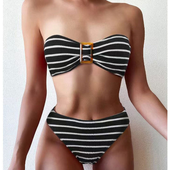 Damen Bandeau-Bikini-Set mit dekorativem Ring und verspieltem Streifenmuster Echo Archiv