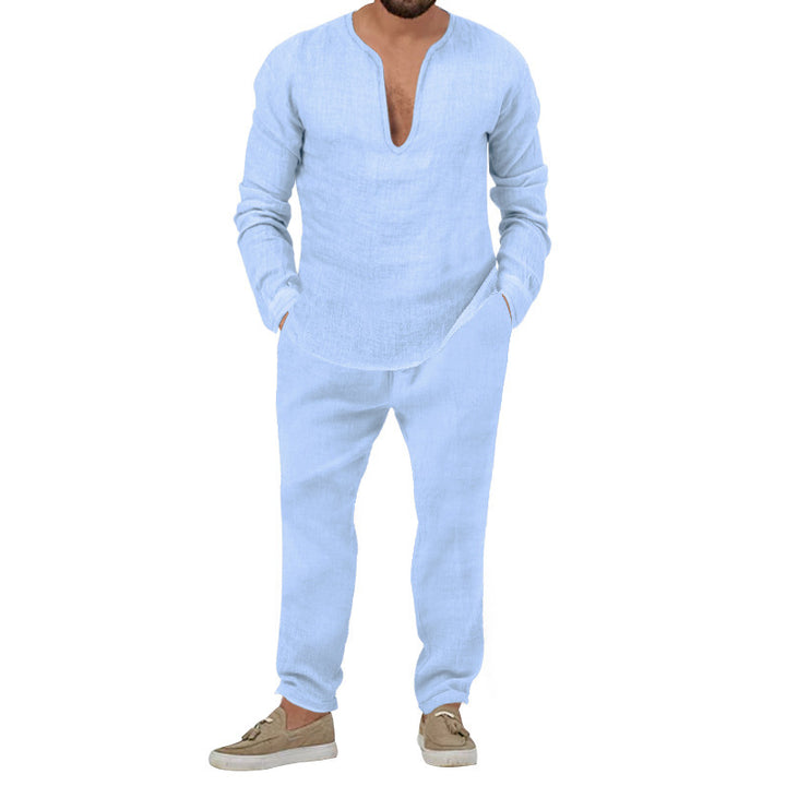 Herren Elegantes Leinen-Loungewear-Set mit Stehkragen Echoarchiv