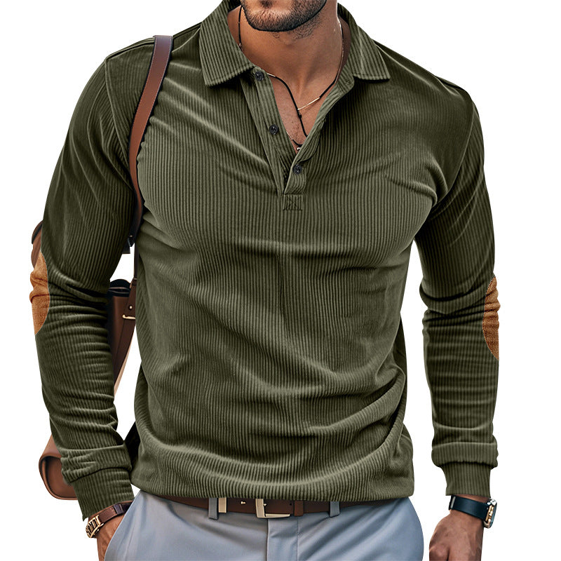 Herren lässiges Langarm-Henley-Shirt mit strukturiertem Rippenstoff und kontrastierenden Ellbogenpatches Echoarchiv
