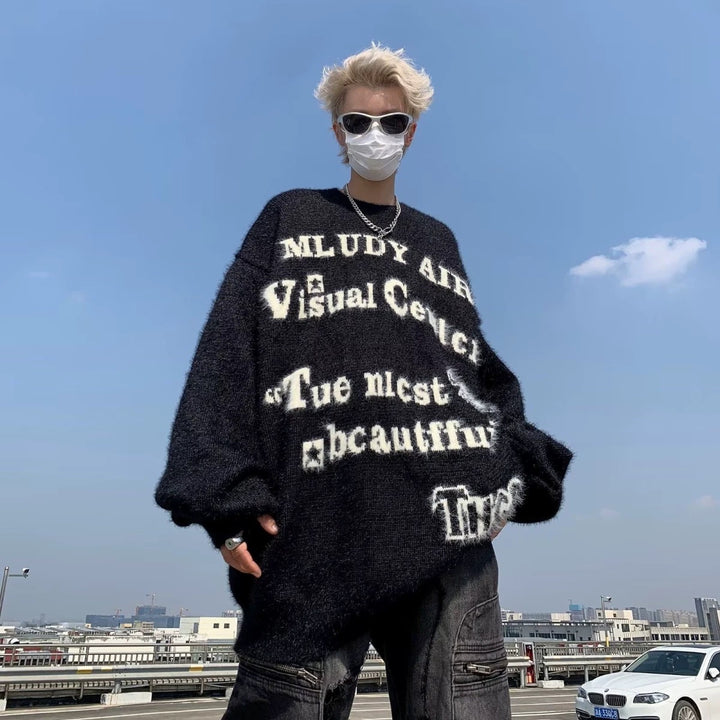 Damen Oversized Strickpullover mit grafischem Schriftzug Echoarchiv