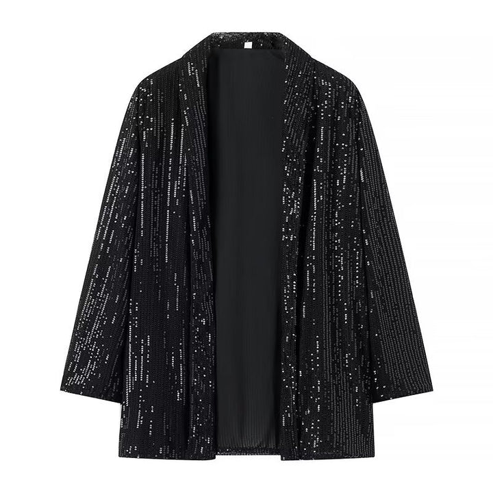 Damen festliches Pailletten-Zweiteiler mit offenem Kimono-Blazer und elastischer Plisseehose – Élanora